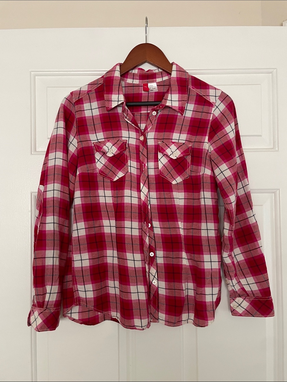 H&M Red Pink Plaid Button-Down Shirt